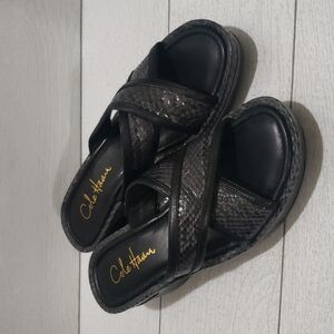 Cole Haan black snake print open toe wedges platforms woman sandals size 6.5